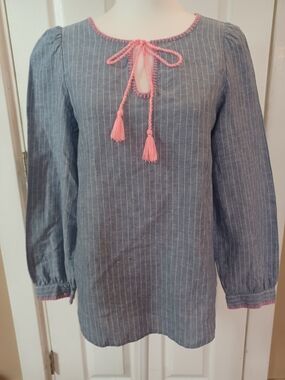 GAP Linen-Blend Striped Peasant Top, Grayish-Blue with Pink Tassels Size S Boho